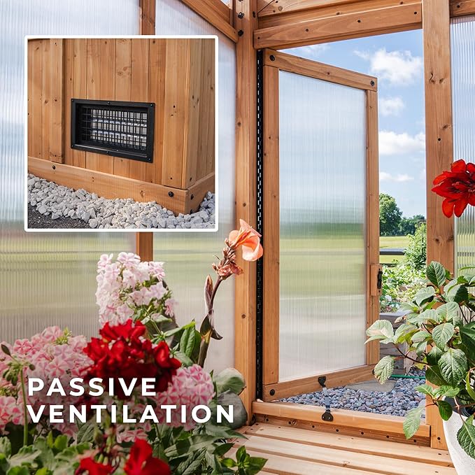 Backyard Discovery Bellerose XL 13' x 11' Cedar Wood and Polycarbonate Walk-in Greenhouse Kit with Pergola, Exhaust Fan, Windows, Hose Hook-Ups, PowerPort, Staging Shelves for Outdoor Gardening