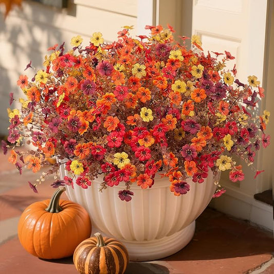 Fall Mums Artificial Flowers for Outdoors Potted, 12 Bundles Fake Fall Daisy Flower with Realistic Eucalyptus Leaves, Fake Plants for Greenery Boxwood Porch Patio Garden Pot Courtyard Lawn