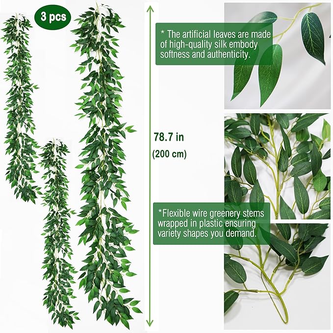 3 Strands Artificial Italian Ruscus Vines 78" Silk Italian Ruscus Greenery Garland with Green Leaves Faux Greenery Vines Stems for Table Centerpieces Wedding Arch Flowers Home Decor