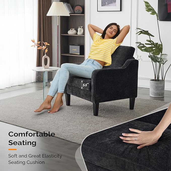 VINGLI Mid Century Modern Accent Chairs - Soft Chenille Upholstered Arm & Side Chairs for Living Room & Reading (Black Chenille)