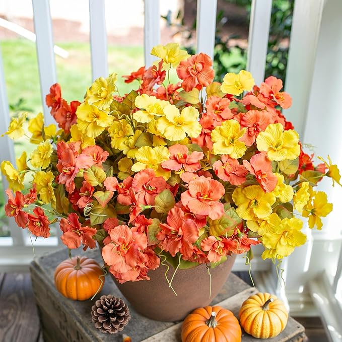 INSPRING Fake Fall Flowers Artificial Mums for Outdoors Autumn Decoration, Faux Silk Flowers Plants Realistic UV Resistant Tropical Flower Artificial for Outside Planter Patio (F2MixHC, 6 Bundles)