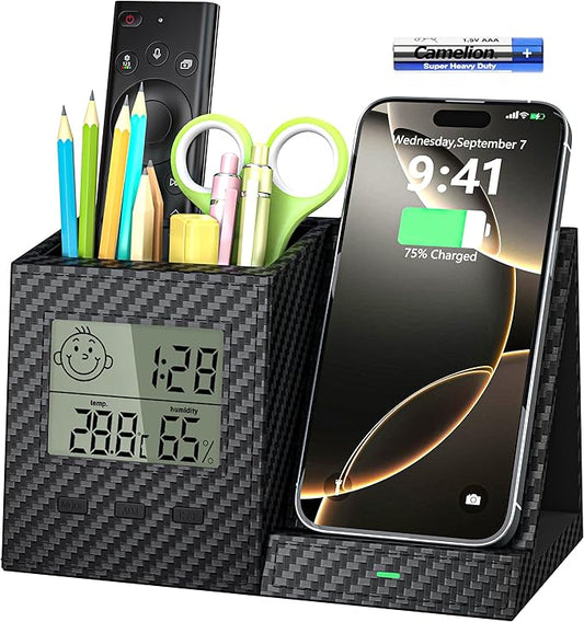 Multifunctional Pen Holder and Organizer for Desk with Wireless Charger, Digital Indoor Thermometer and Humidity Gauge, Home Office Organizers and Storage (Battery Included)