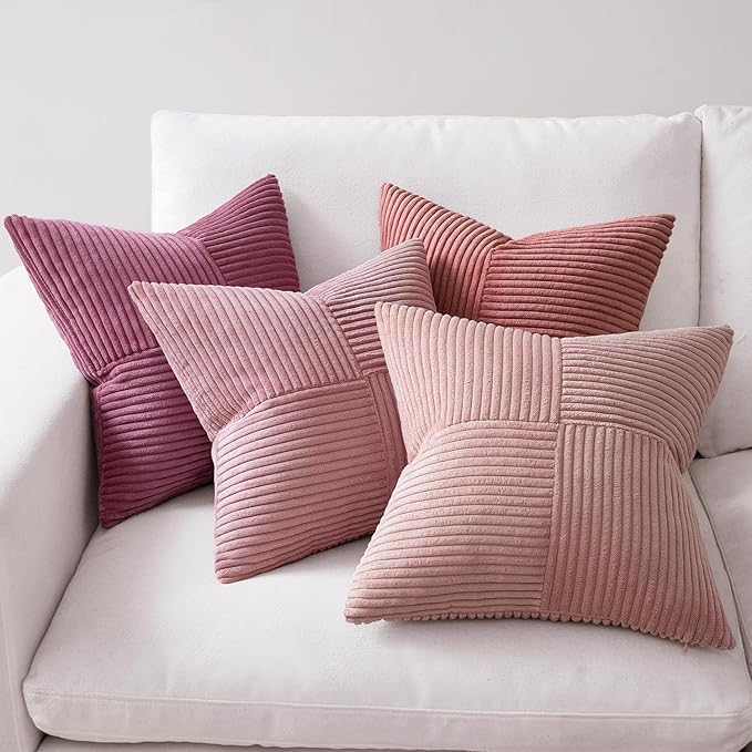 MIULEE Pink Throw Pillow Covers 18x18 Inch Set of 4 Boho Farmhouse Cushion Cases Decorative Gradient Pillow Cases Corduroy Striped Home Decor for Couch Sofa Living Room Bed