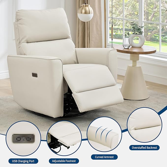GarveeHome Recliner Chair, 360° Swivel Rocker Glider Nursery Chair with Padded Armrest and Deep Seat, PU Leather Upholstered Reclining Sofa Chair for Living Room, Bedroom and Nursery (Light White)