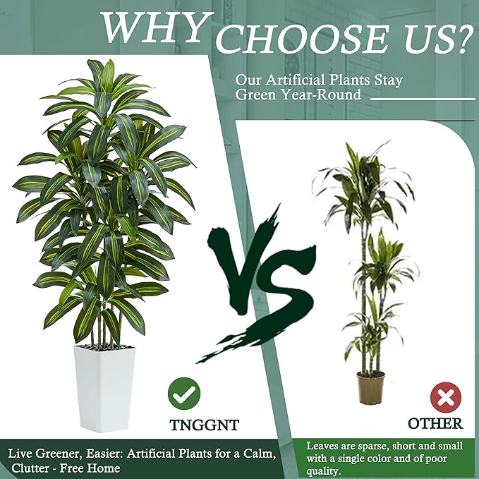 Artificial Dracaena Tree：6FT Faux Silk Tropical Yucca Floor Trees Realistic Fake Green Plant with Natural Wood Trunk & Lifelike Leaves for Home Office Decor Indoor & Outdoor (6FT,1-Pack,White)