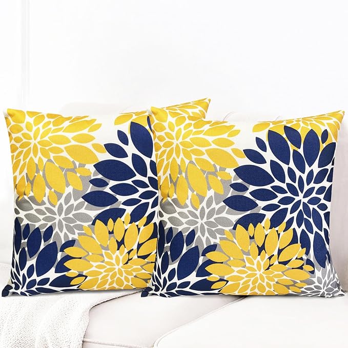 Decorative Throw Pillow Covers Set of 2 Blue Yellow Pillow Covers 16x16 Inch Couch Pillow Covers for Sofa Living Room Outdoor Throw Pillow Cover Linen Floral Flower Farmhouse Pillowcase