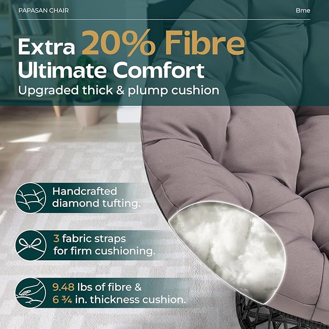 Bme 40" Ergonomic Wicker Papasan Chair with Soft Thick Cushion & Frame, 360° Swivel, Circle, Reading, Comfy Chair for Living Room, Bedroom