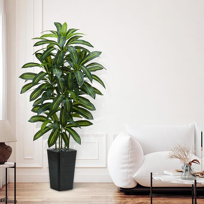 Artificial Dracaena Tree：5FT Faux Silk Tropical Yucca Floor Trees Realistic Fake Green Plant with Natural Wood Trunk & Lifelike Leaves for Home Office Decor Indoor & Outdoor (5FT,1-Pack,Black)