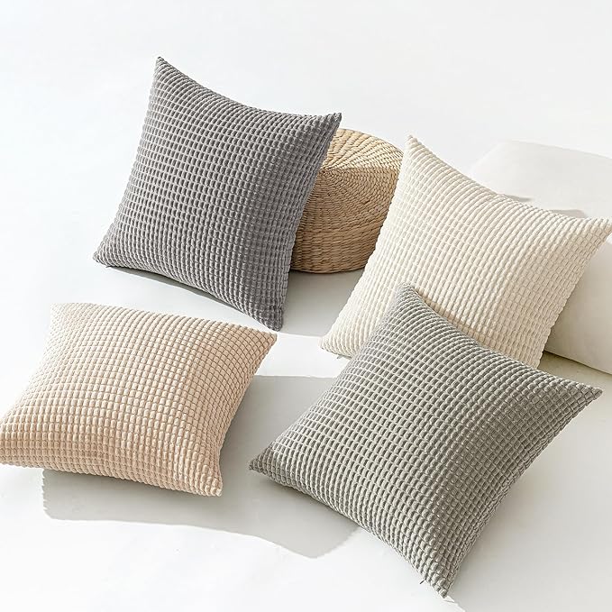 MIULEE Boho Farmhouse Decorative Pillow Covers 20x20 Inch Set of 4 Rustic Modern Home Decor Couch Throw Pillows Corduroy Pillowcases for Sofa Living Room Bed Neutral