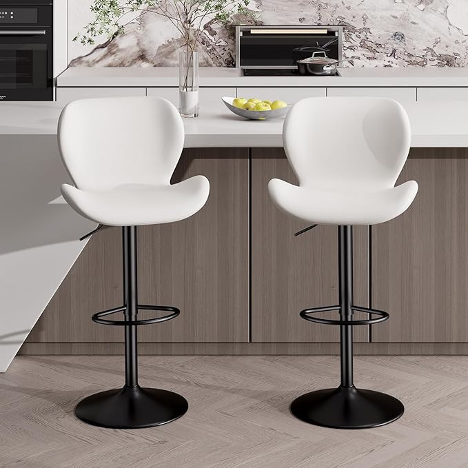Nalupatio Swivel Bar Stools Set of 2,PU Leather Upholstered Barstools with Back & Footrest, Seat Adjustable Height 22.2-31IN Counter Height Bar Chairs for Bar Kitchen Island,White