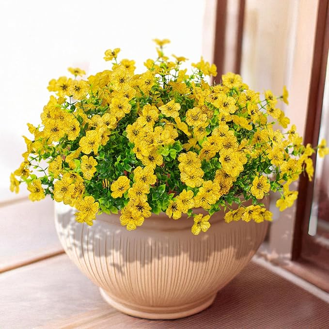 16 Bundles Artificial Flowers Outdoor Spring Summer Decoration Fake Silk Colorful Daisy Eucalyptus Realistic UV Resistant Outside Faux Plants for Garden Porch Window Box Home Decor(Yellow)