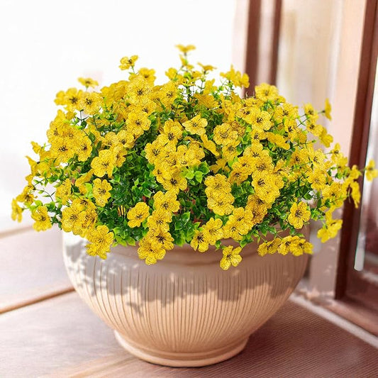 16 Bundles Artificial Flowers Outdoor Spring Summer Decoration Fake Silk Colorful Daisy Eucalyptus Realistic UV Resistant Outside Faux Plants for Garden Porch Window Box Home Decor(Yellow)