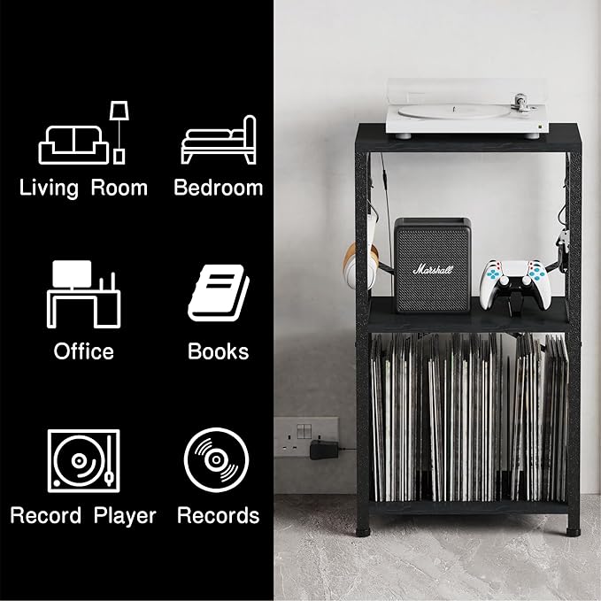 End Table with LED Light,Record Player Stand with Albums Storage,Vinyl Records Storage,Turntable Stand Side Table for Music Room Studio Living Room Bedroom-Modern Black