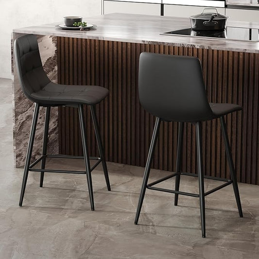 Black Bar Stools Set of 2,Faux Leather Counter Height Bar Stools,Modern 24.6" Bar Chairs with Back Metal Footrest,Counter Stool with Back and Footrest for Kitchen Island Restaurants Pubs