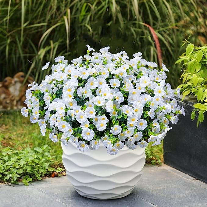 Artificial Outdoor Flowers 16 Bundles Fake Morning Glory Flower Outdoor UV Resistant Plastic Faux Flowers Plants for Decoration Indoor Outdoor Hanging Window Box Planter Home Porch Decor (White)