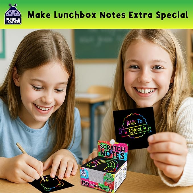 PURPLE LADYBUG Rainbow Holographic Scratch Art Mini Notes - 150 Sheets with Wooden Stylus, Classroom Must Have, Back to School Gift, School Essentials, Teen Girl Gifts