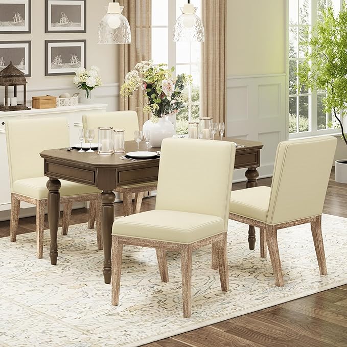 Wooden Dining Chairs Set of 4, Modern Fabric Upholstered Dining Room Chair, Kitchen Side Chairs, Farmhouse Dinner Chair with High Back for Kitchen, Beige