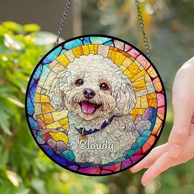 Custom Pet Portrait Stained Glass Suncatcher – Personalized Dog Memorial Ornament, Pet Loss Remembrance Gift, Window Hanging, Bereavement Keepsake, Home Decor