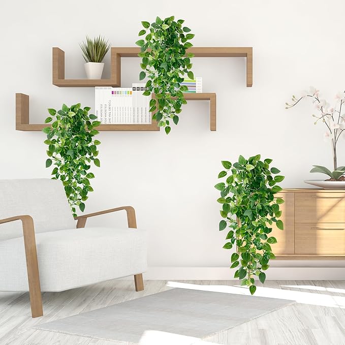 Sggvecsy Fake Hanging Plants 2 Pcs Artificial Hanging Plants Fake Ivy Vine Faux Pothos Vines Artificial Ivy Leaves Greenery Plant for Room Patio Home Indoor Outdoor Shelf Wall Garden Decor(No Baskets)