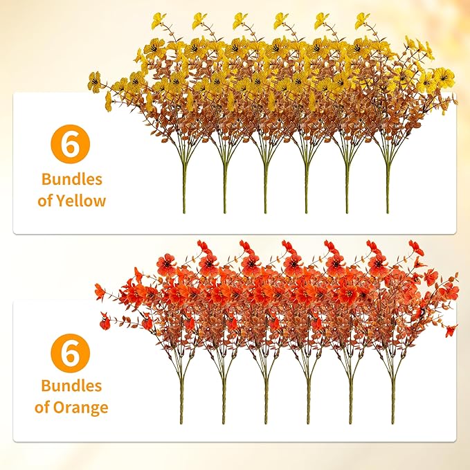 Artificial Mums Fall Fake Flowers for Outdoors, 12 Bundles Faux Mums for Outdoor Planters Decorations,UV Resistant Silk Flowers Plastic Plants for Front Porch Garden Patio Home Decor (B-Orange Yellow)