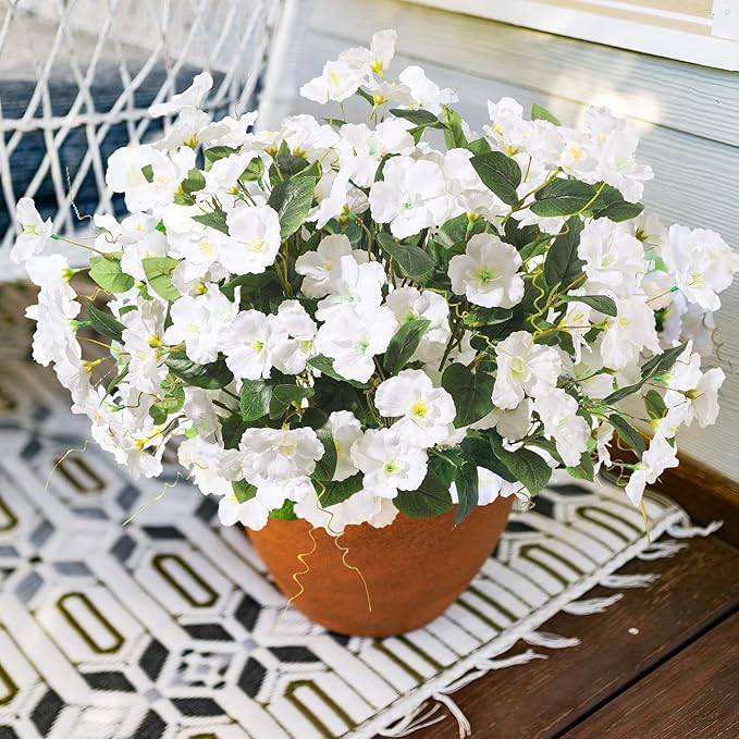 Fake Hibiscus Artificial Flowers for Outdoors Spring Summer Decoration, 6 Bundles Silk White Hibiscus Flowers Bouquet UV Resistant Look Real Faux Plants for Outside Planter Front Door Porch Balcony