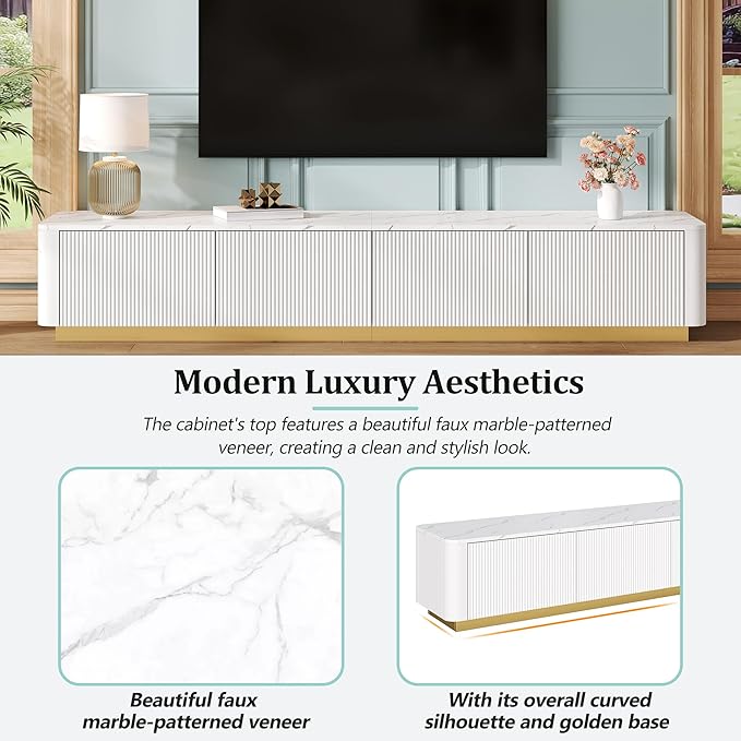 Merax Modern Fluted TV Stand Consoles for Living Room, Wood Entertainment Center with 4 Drawers & Faux Marble Tabletop, Practical Media Console for Televisions Up to 85'', White