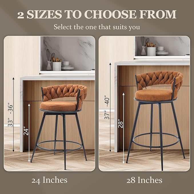 Brown Bar Stools Set of 3, 28 Inch Barstool with Metal Legs, 360° Swivel Counter Height Bar Stools with Woven Back Leather Upholstered, Modern Chair for Kitchen Island, Cafe