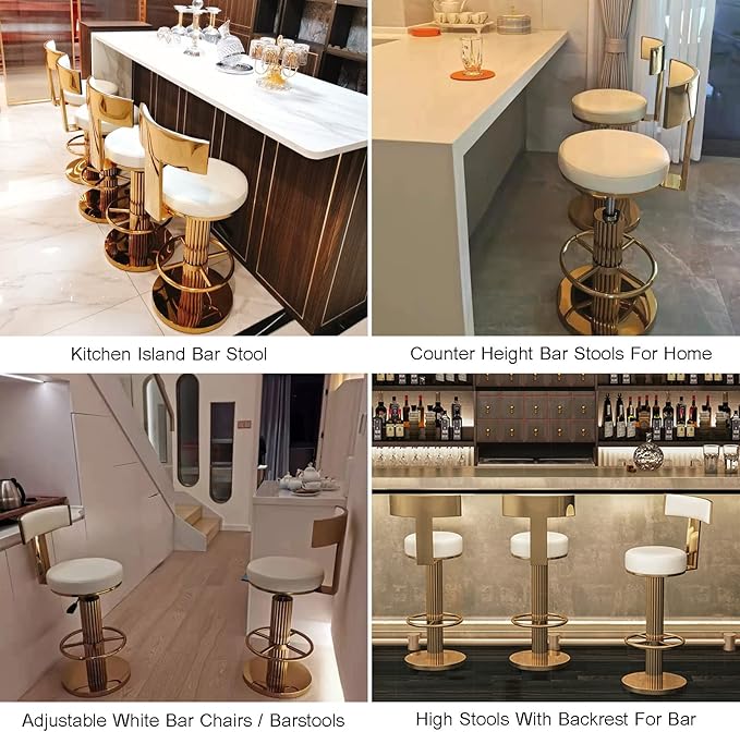FUNROLUX Counter Height Bar Stools with Back, Modern Adjustable Height Barstools Swivel Bar Chairs with Polished Gold Stainless Steel Legs and Comfortable Cushion for Kitchen Island Counter (White)