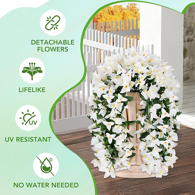 Artificial Bougainvillea Flowers for Outdoor Plant,2 pcs Faux Hanging Flowers Bougainvillea for Outside Decoration,Fake Silk UV Resistant Vines for Front Door Porch(White)