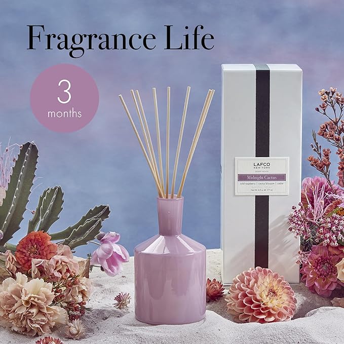 LAFCO New York Classic Reed Diffuser, Midnight Cactus - 6 oz - Up to 3 Months Fragrance Life - Reusable Glass Vessel - Natural Wood Reeds - Made in The USA