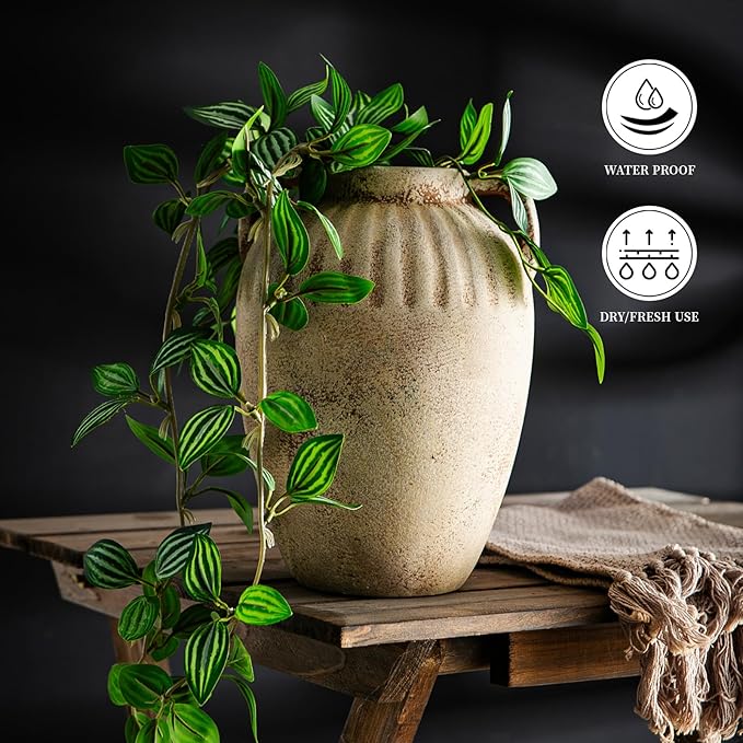 8.3 Inch Tall Large Ceramic Rustic Flower Vase for Home Office Decor, Boho Farmhouse Living Room Coffee Table Kitchen Bedroom Bathroom Wall Decor Aesthetic, Vintage House Shelf Decor -Beige