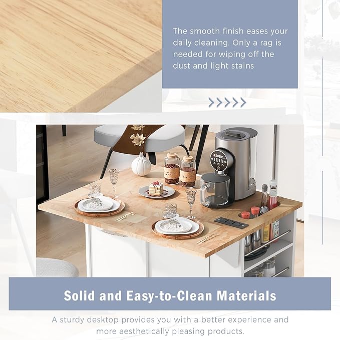 Merax Rubber Wood Kitchen Island with Adjustable Storage, Rolling Kitchen Storage Cart with Drop Leaf, Open Storage, Wine Rack, 5 Wheels for Home, Kitchen, Dining Room, White