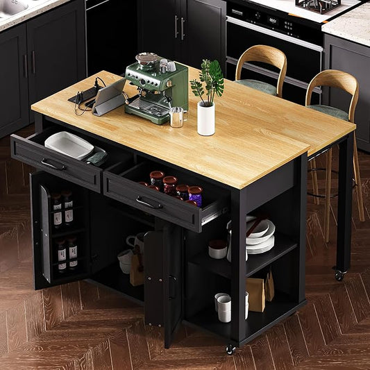 Merax Rolling Kitchen Island on Wheels with Extendable Dining Table & Power Outlet, Wood Kitchen Cart on Wheels with Internal Storage Rack,2 Drawers & 2 Cabinets, 47" Wide Black
