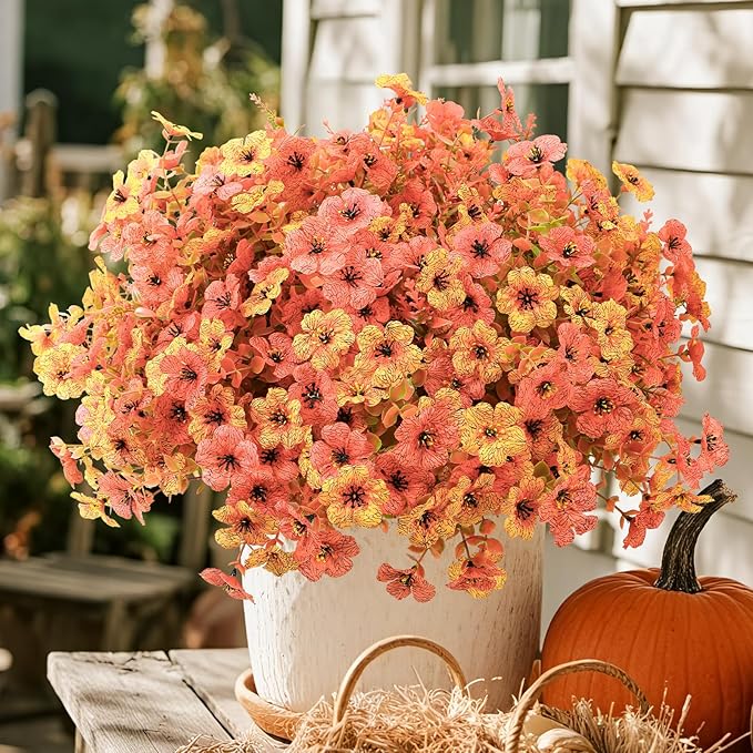 SHareconn 48 Bundles Artificial Fall Flowers for Outdoors Decoration, UV Resistant Silk Eucalyptus Lavender Faux Autumn Fake Plants for Outside Indoor Garden Yard Porch Home Decor, Autumn Orange-Red