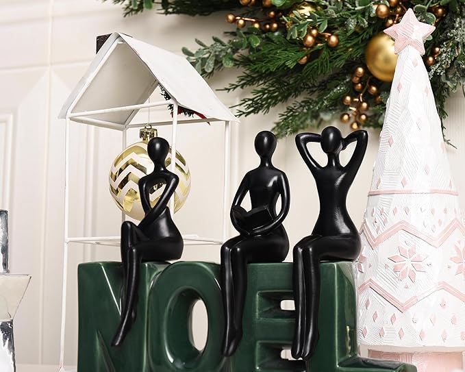 Quoowiit Black Thinker Statue Book Shelf Decor, Minimalist Modern Home Decor Collectable Figurines Office Desk Unique Coffee Table Decorations for Living Room 3 Piece