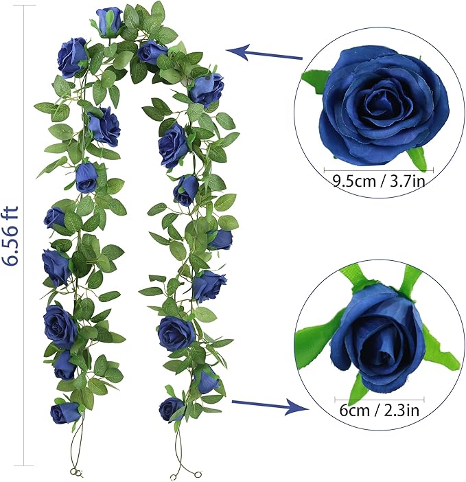 Felice Arts 2 Pack Royal Blue Artificial Floral Garland Each 6.5FT Fake Rose Vine Hanging Rose Garland for Wedding Flowers Table Centerpiece Arrangement Room Baby Shower Teepee Mirror Decor