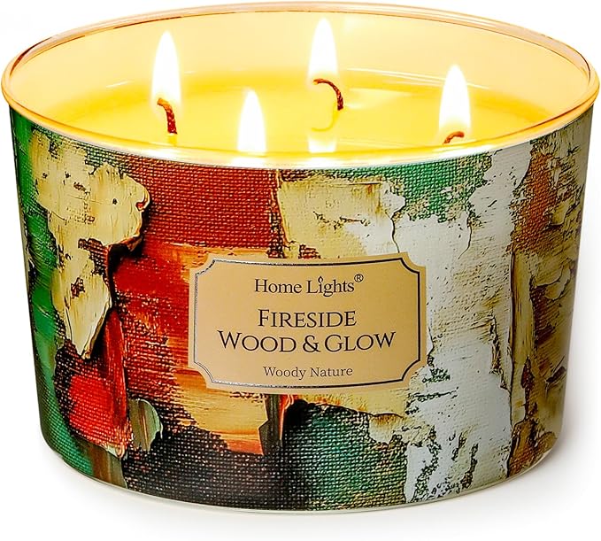 HomeLights 4-Wick Candles for Home Scented - 18oz Soy Wax Blend Candle Long-Lasting Fragrance, Industrial Chic Home Decor and Housewarming Gifts, Fireside Wood & Glow