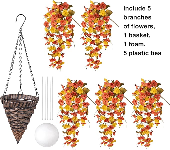 Artificial Fake Fall Hanging Flowers Baskets for Outdoor Decoration, Faux Silk Hibiscus Long Vines in Planter Realistic Flower Plants for Outside Home Porch Patio Garden (Fall YellowOrange)