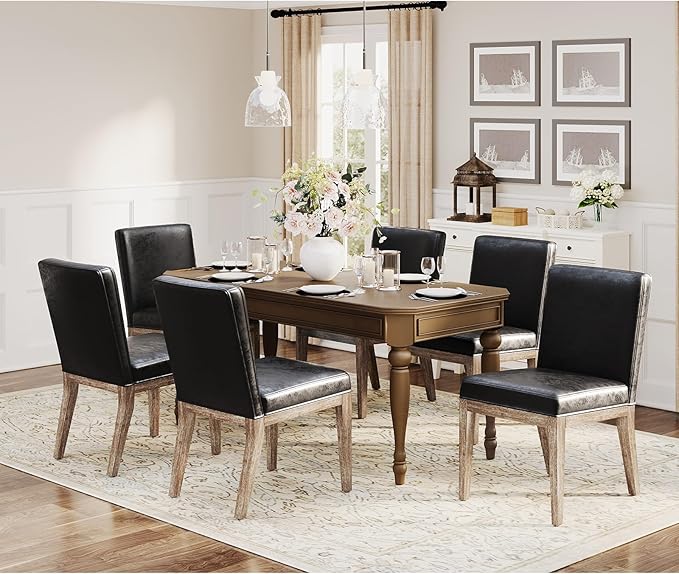 Wooden Dining Chairs Set of 6, Modern Leather Upholstered Dining Room Chair, Kitchen Side Chairs, Farmhouse Dinner Chair with High Back for Kitchen, Black