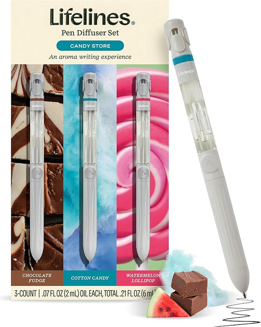 Lifelines Pen Diffuser Set, Candy Store 3-Pack - 1mm Black Ballpoint Pens with Scented Essential Oil Blends – Aromatherapy Diffuser & Sensory Immersion Diffuse Aroma As You Write