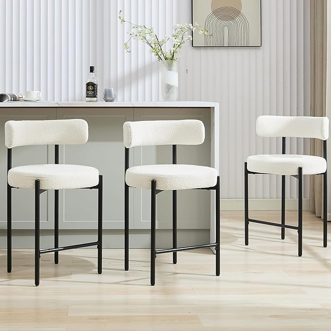 24'' Boucle Bar Stools Set of 2, White Bar Stools with Backs, Counter Height Bar Height Stools for Kitchen Island, Upholstered Bar Chairs (White)