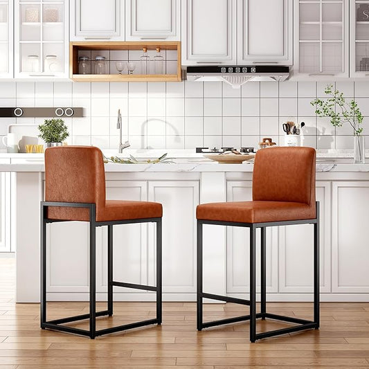 Sophia & William Brown Bar Stools Set of 2, Counter Height 24" Bar Stools for Kitchen Island, Modern Leather Barstools with Back