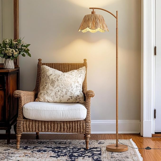 Oneach Rattan Floor Lamp for Bedroom, Boho Floor Lamp with Foot Switch, Farmhouse Standing Lamps for Living Room with Hand-Woven Shade, Walnut Metal Base & Pole