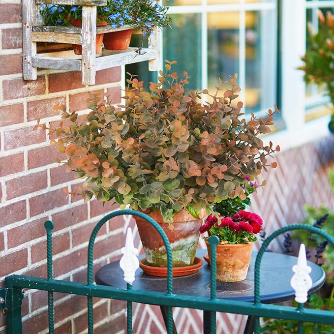 RECUTMS 12 Bundles Fake Bushes Artificial Plants Outdoor Faux Plant Eucalyptus Stems Fake Porch Plants for Farmhouse Bathroom Office Vase Centerpiece Indoor Outdoor Decor(Dusty Orange)