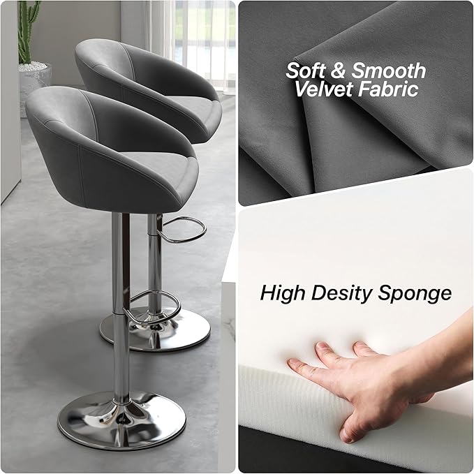 KCC Velvet Bar Stools Set of 6, Counter Height Bar Stools with Low Back, Swivel Barstool for Kitchen Island, Bar Pub (Gray)