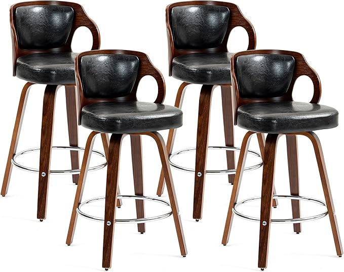 ECOTOUGE Swivel Bar Stools Set of 4, Walnut Faux Leather Counter Height Barstools with Bentwood Back and Footrest, for Dining Room, Kitchen Island and Pub, Black