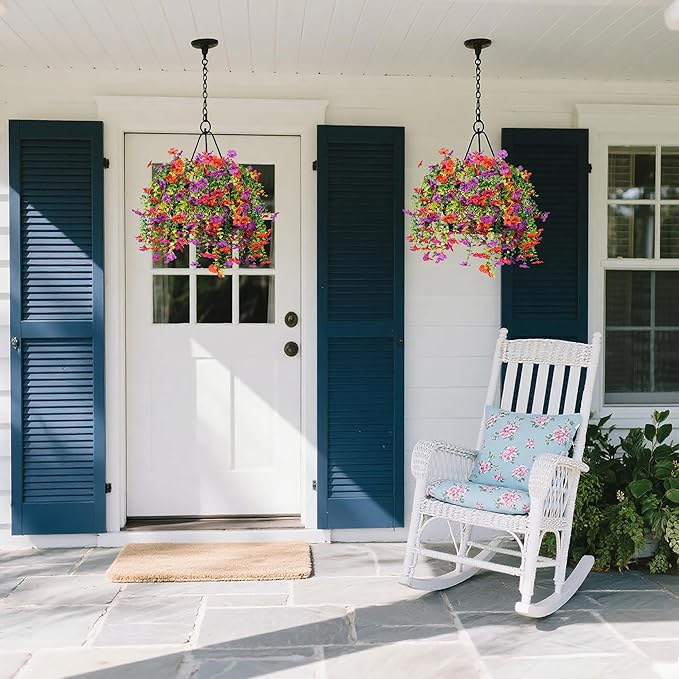 Artificial Flowers for Outdoors Decoration, 2 Pcs Outdoor Faux Plants Daisy with Eucalyptus Leaves Summer UV Resistant Fake Flowers Hanging Planters for Front Porch Patio Yard Door Garden Home Decor