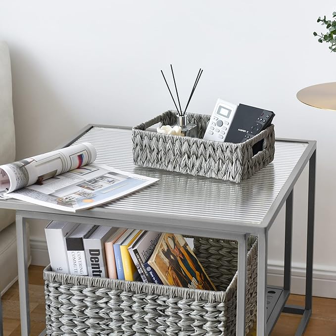 GRANNY SAYS Wicker Baskets for Storage, Waterproof Rattan Storage Baskets, Odorless Wicker Basket with Handles, Decorative Storage Containers, Gray Basket for Pantry Storage, 2-Pack