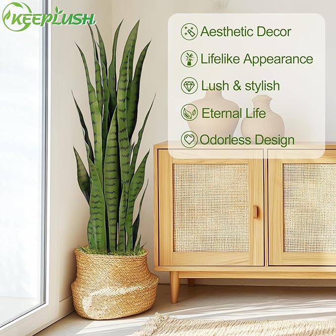 3ft Artificial Snake Plant – 36in Faux Sansevieria Plants, Fake Floor Plant for Indoor Outdoor, Front Porch Patio Home Office Decor, Mother-in-Law’s Tongue, Green 1Pcs