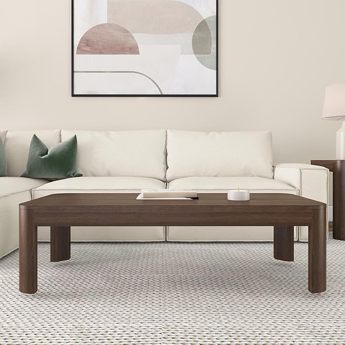 Plank+Beam Modern Rounded Coffee Table, 54 Inch, Solid Wood Contemporary Center Table for Living Room, Rectangle Tea Table, Walnut